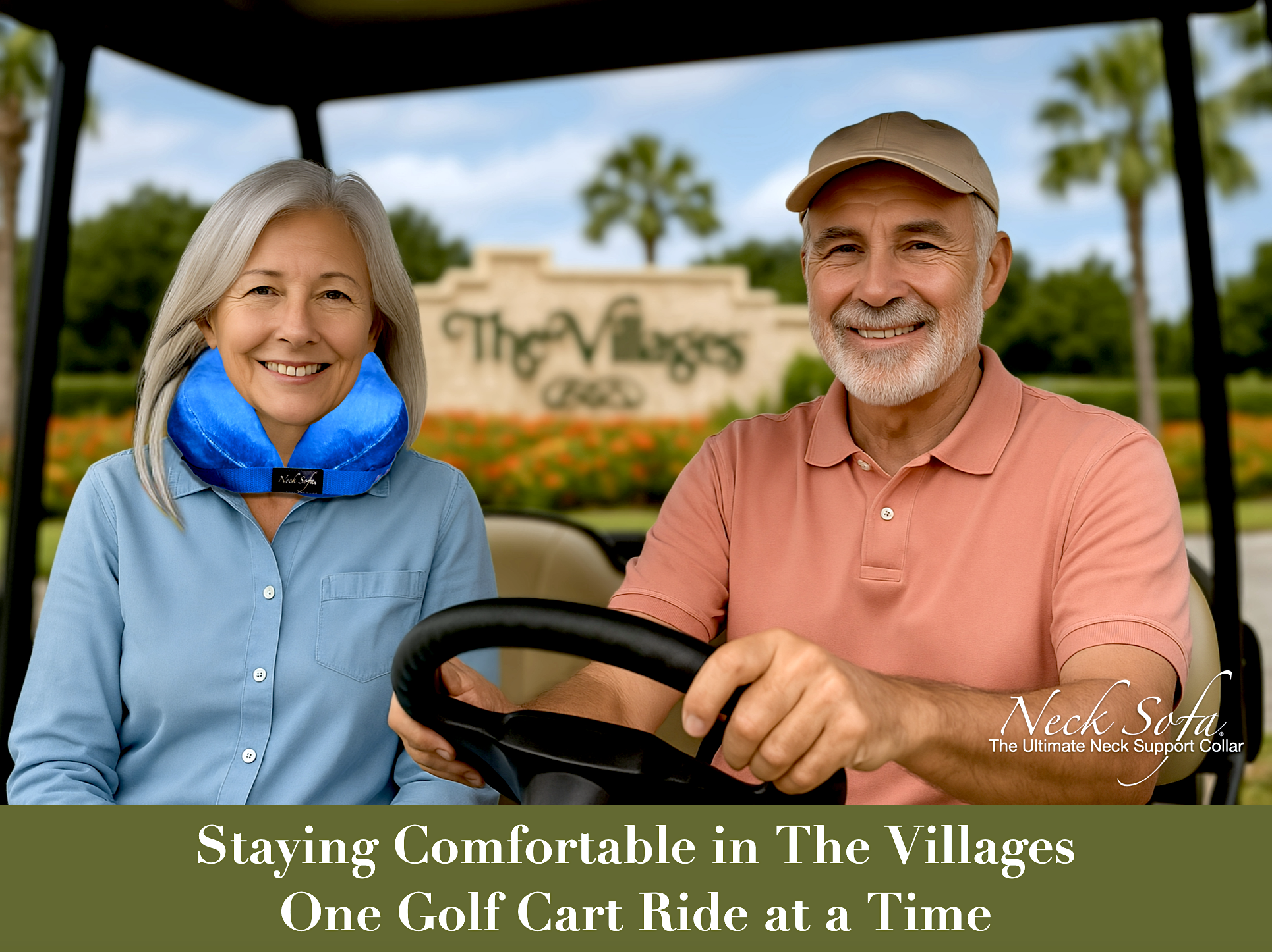 Older couple in a golf cart at The Villages; the woman wearing a Burgundy Neck Sofa® Pillow, with palm trees and The Villages sign in the background