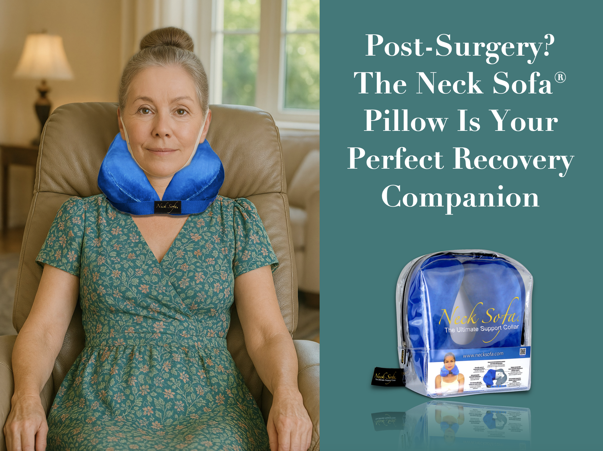 Older woman using a Burgundy Neck Sofa Pillow as a post-op recovery pillow in a reclined position in her living room