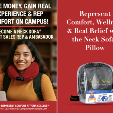 Campus student wearing a burgundy Neck Sofa® Pillow while studying in the library representing comfort, wellness, and real relief.