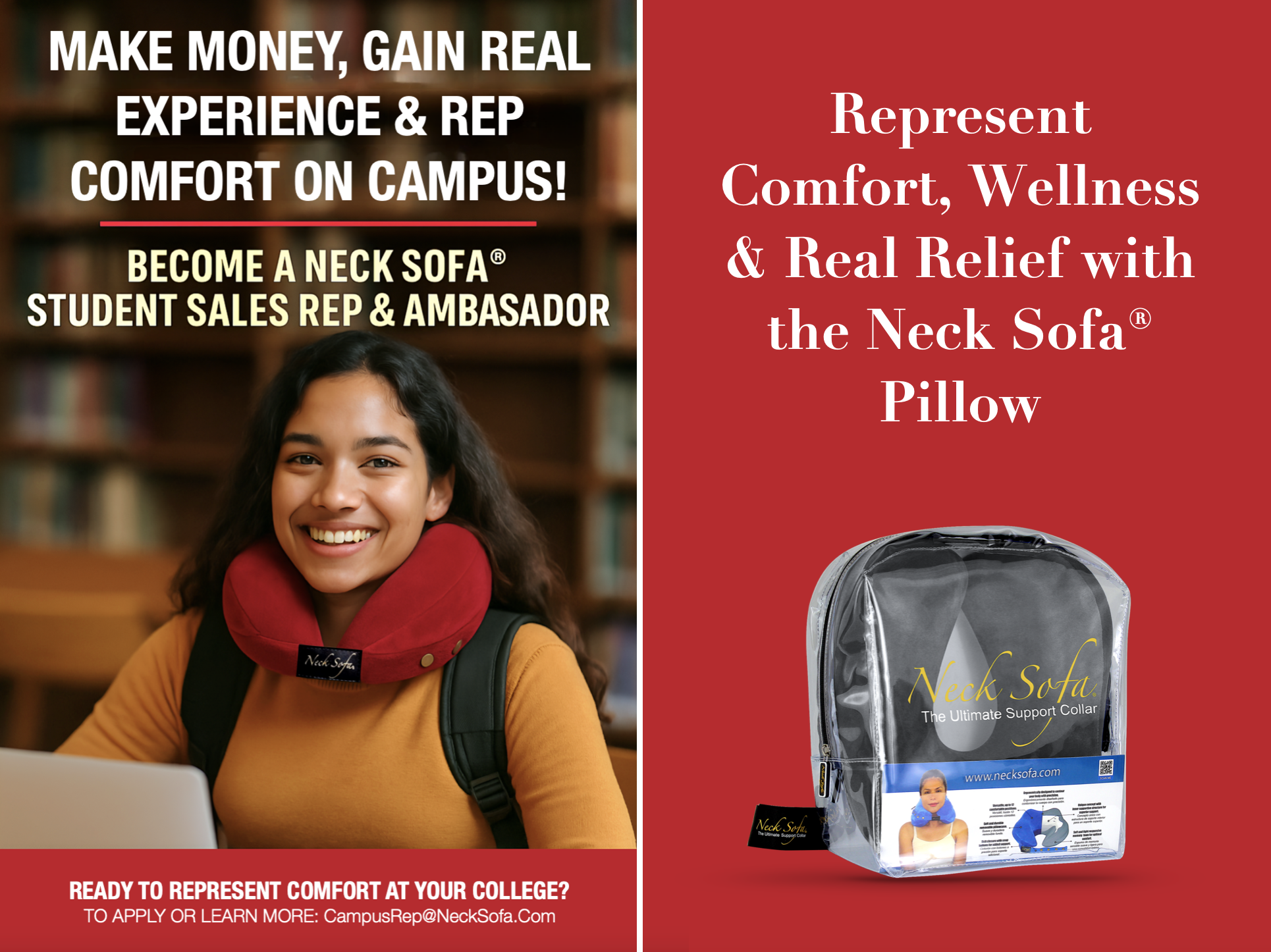 Campus student wearing a burgundy Neck Sofa® Pillow while studying in the library representing comfort, wellness, and real relief.